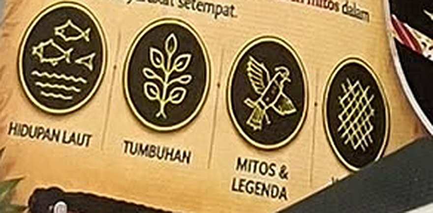 Barisan empat ikon motif asas Pesona Warisan: Hidupan Laut, Tumbuhan, Mitos dan Legenda, Warisan Budaya