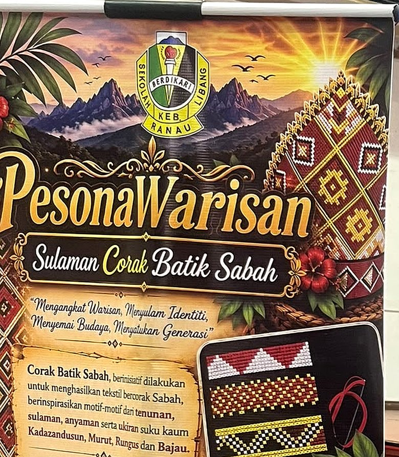 Banner projek Pesona Warisan &mdash; Sulaman Corak Batik Sabah dengan lambang Sek. Keb. Libang